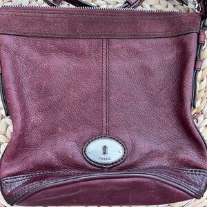 Fossil messenger bag genuine leather purse crossbody burgundy
